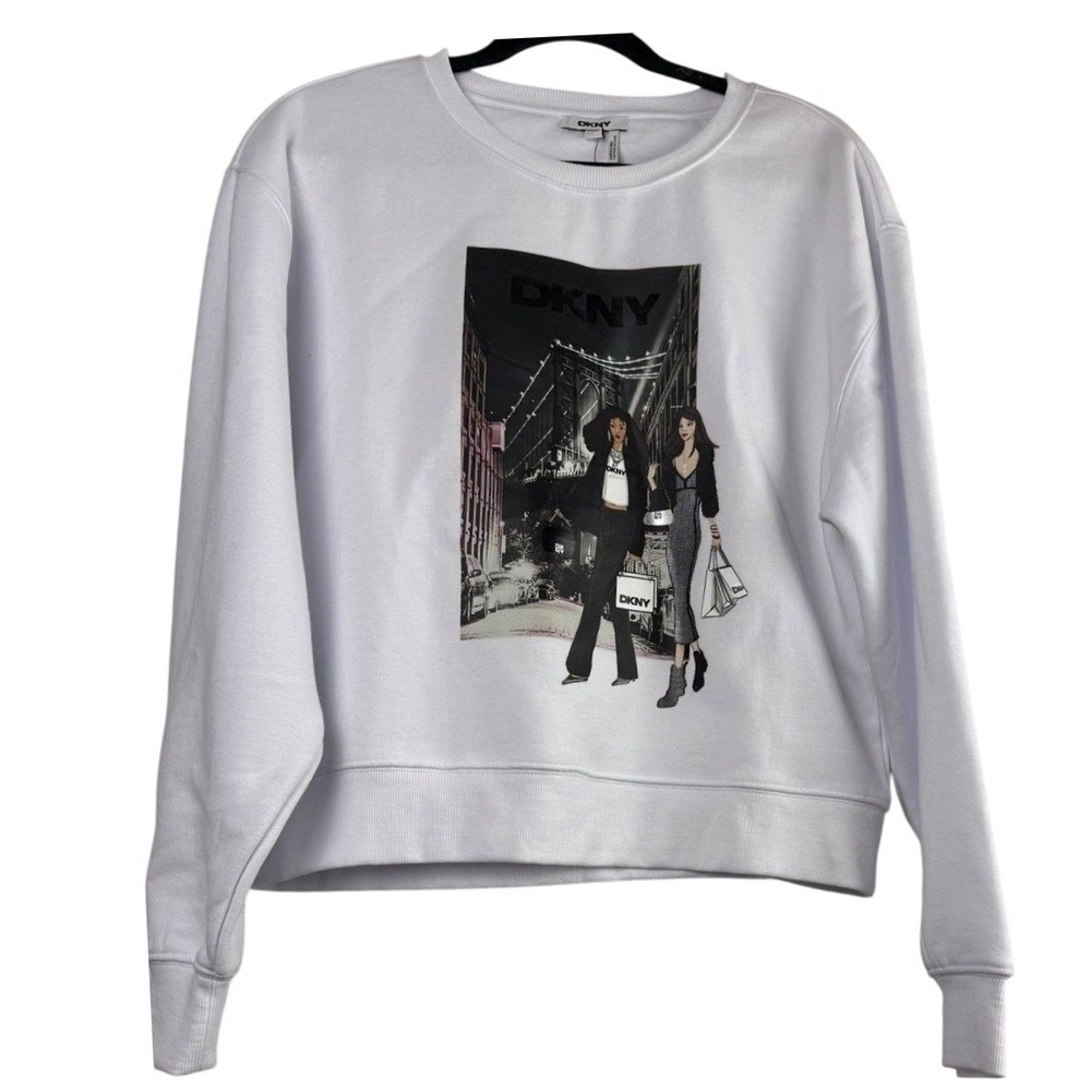 DKNY White Graphic Sweatshirt Crewneck Pullover Streetwear‎ Luxe NWT Med